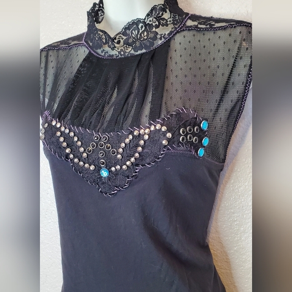 Free People Rare Black Sheer Lace Beaded Fitted Blouse Mandarin Collar Sz Medium - Picture 3 of 9